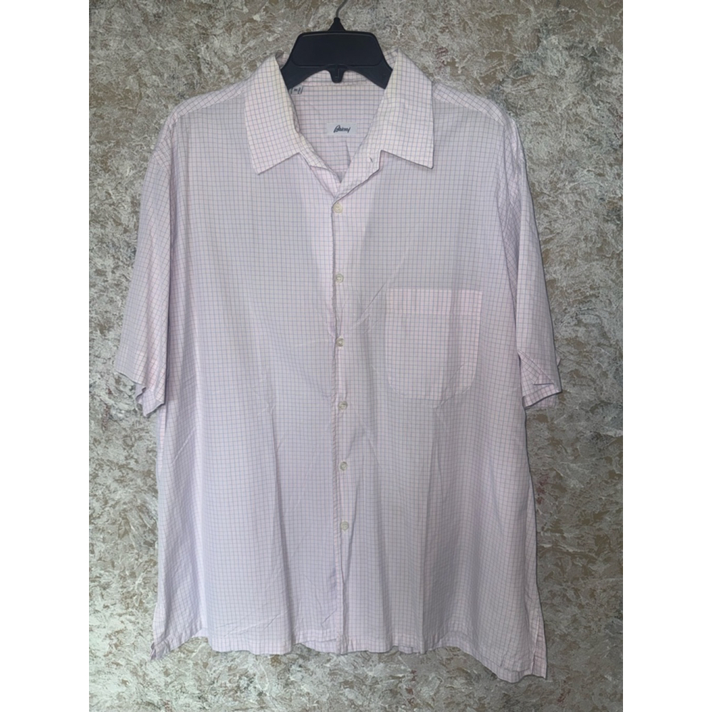 Brioni Cotton Dress Shirt Short Sleeve XL White Pink Blue Plaid Made in Italy - Picture 2 of 11